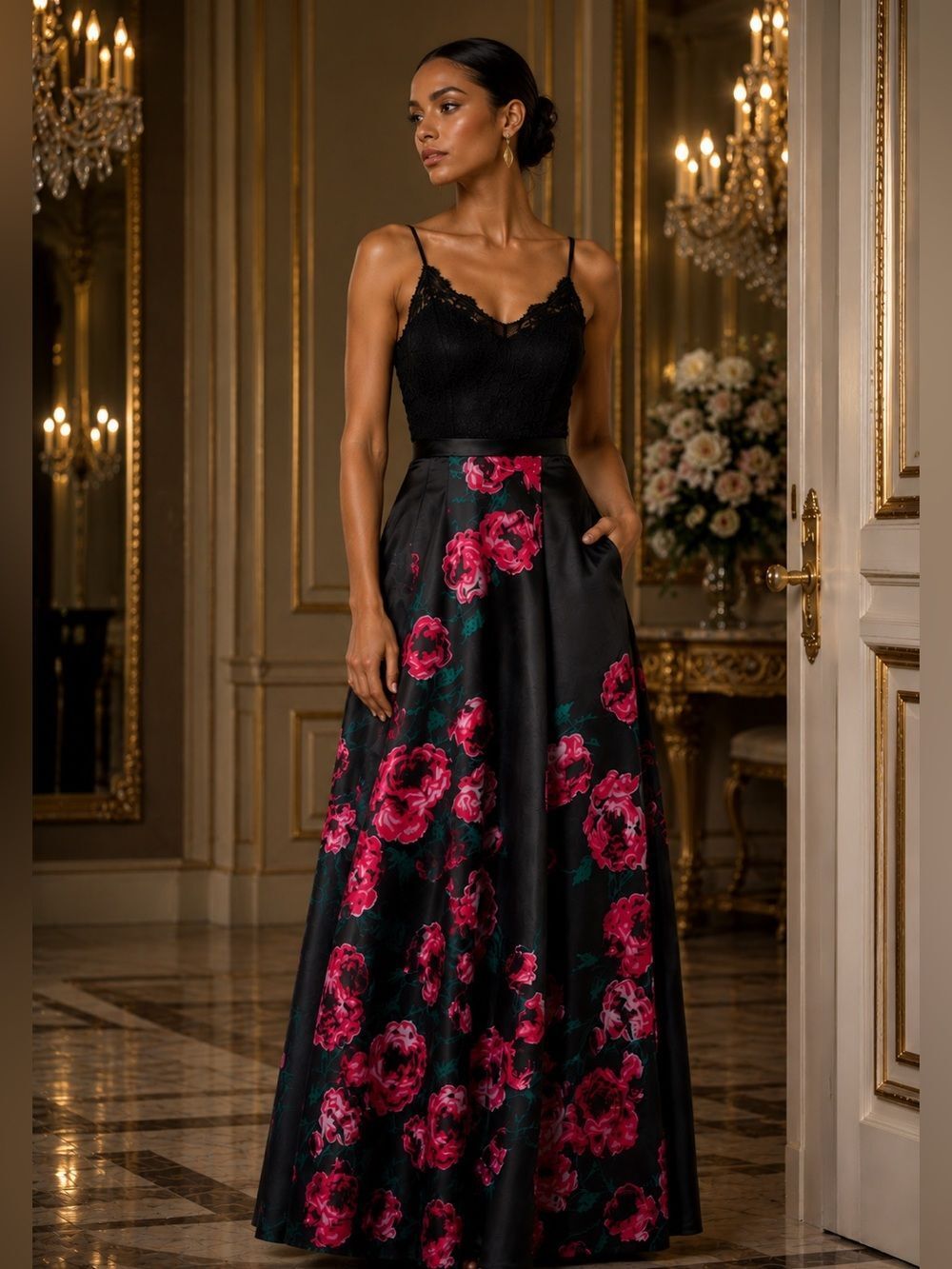 B Darlin Black Lace Bodice Pink Floral Gown Prom Backless Juniors 7/8
